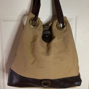 Magellan Outdoors khaki canvas large shoulder bag with brown faux leather trims